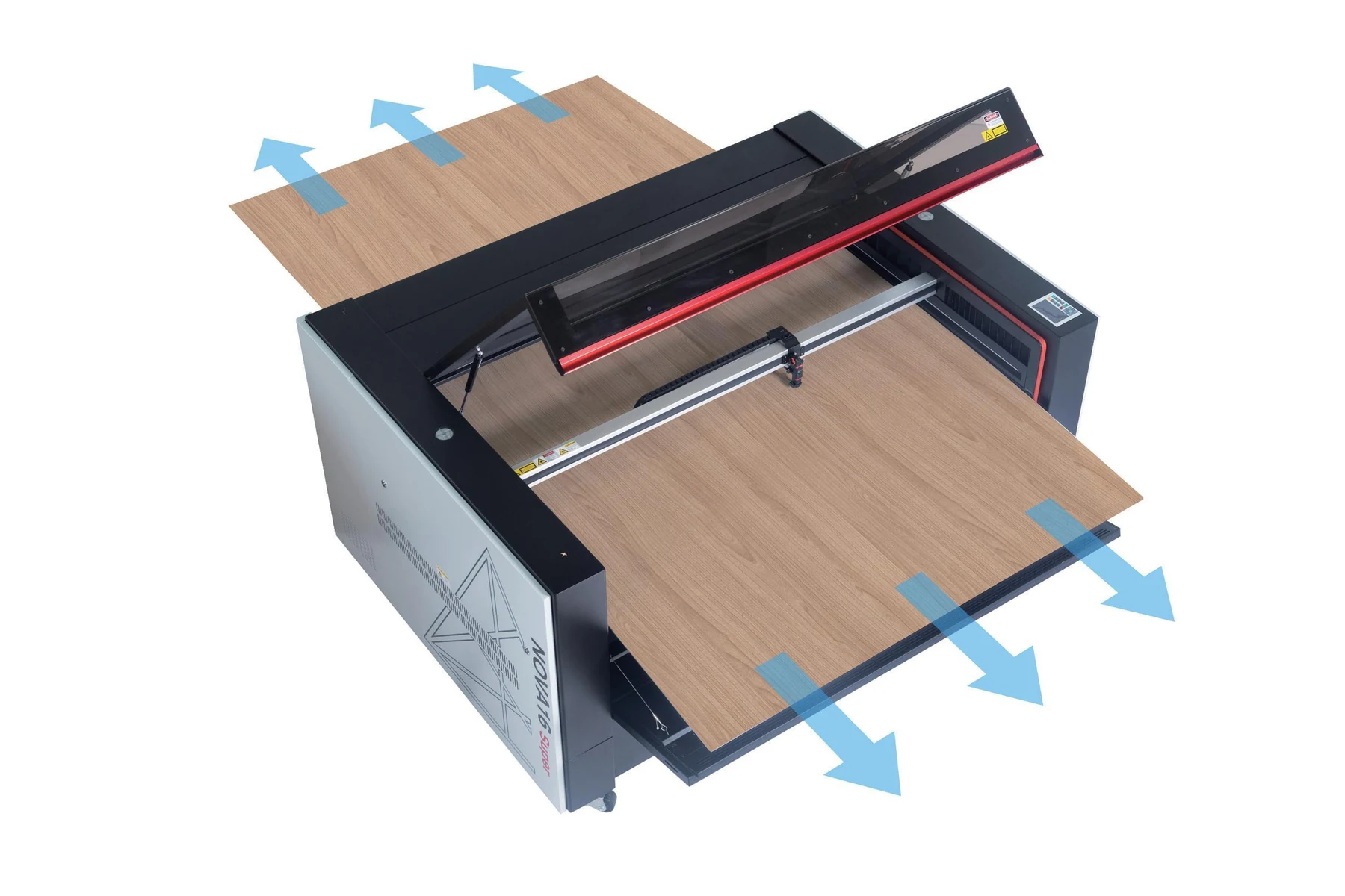 Material passing through the front and rear openings of an AEON NOVA machine