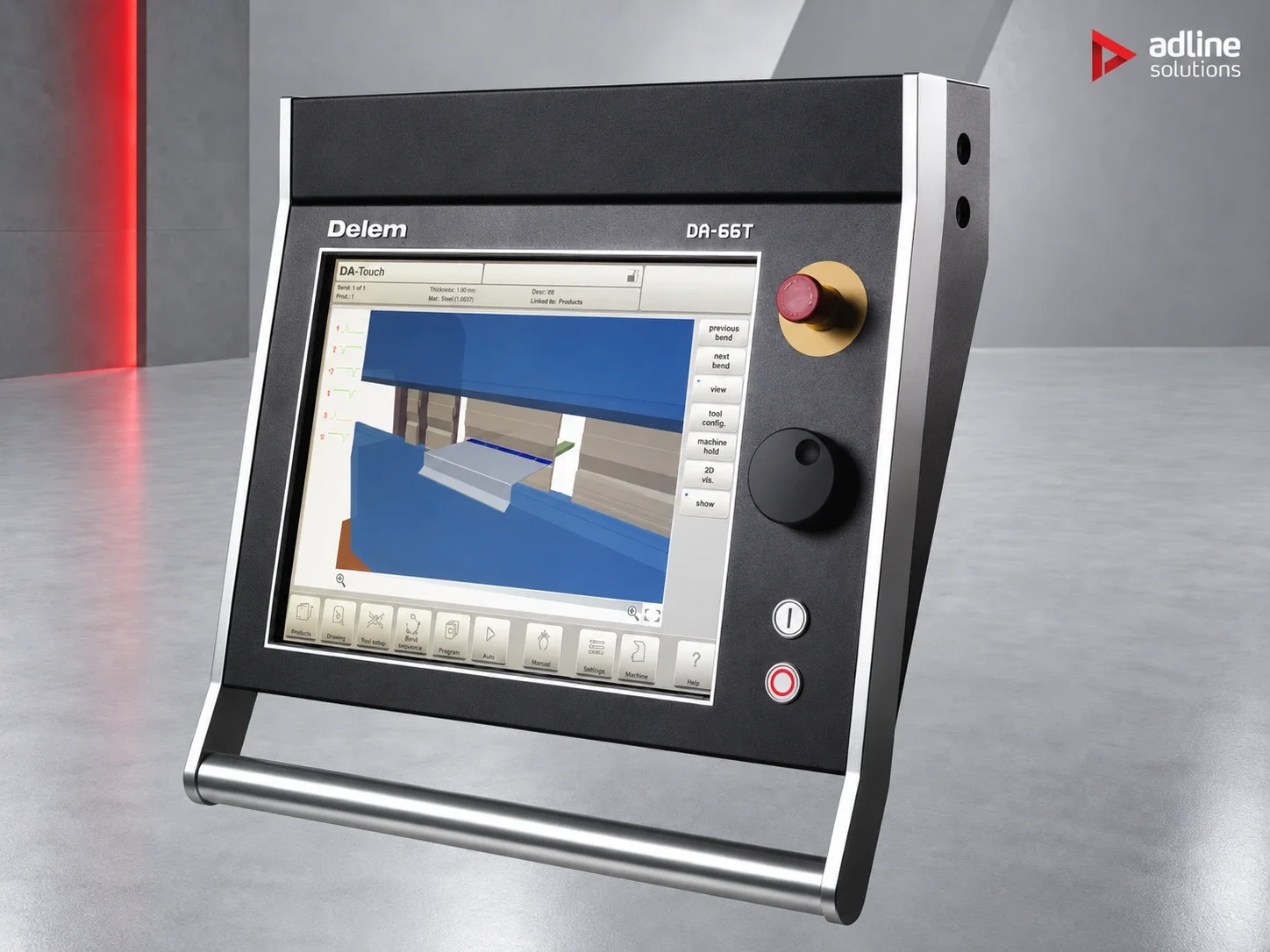 Delem DA-66T touchscreen CNC control of the Adline 2500 × 50T press brake, showing a 3D bend simulation