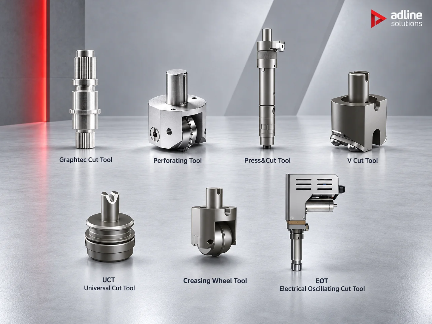 Cutting and creasing tools for the C6 series: universal cut tool, electric oscillating tool, creasing wheel, V-cut, perforating, press & cut and Graphtec-type cut tools