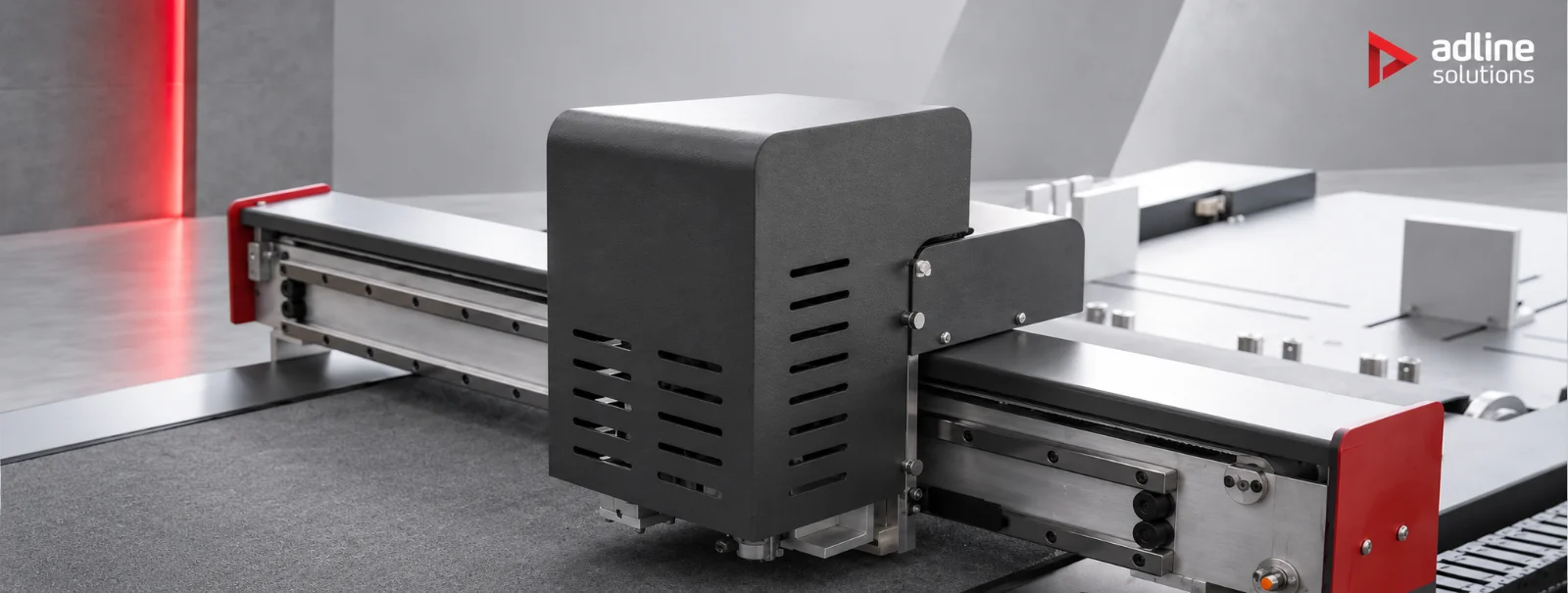 C6 series cutting head on its gantry, close-up of the tool carriage and linear guides