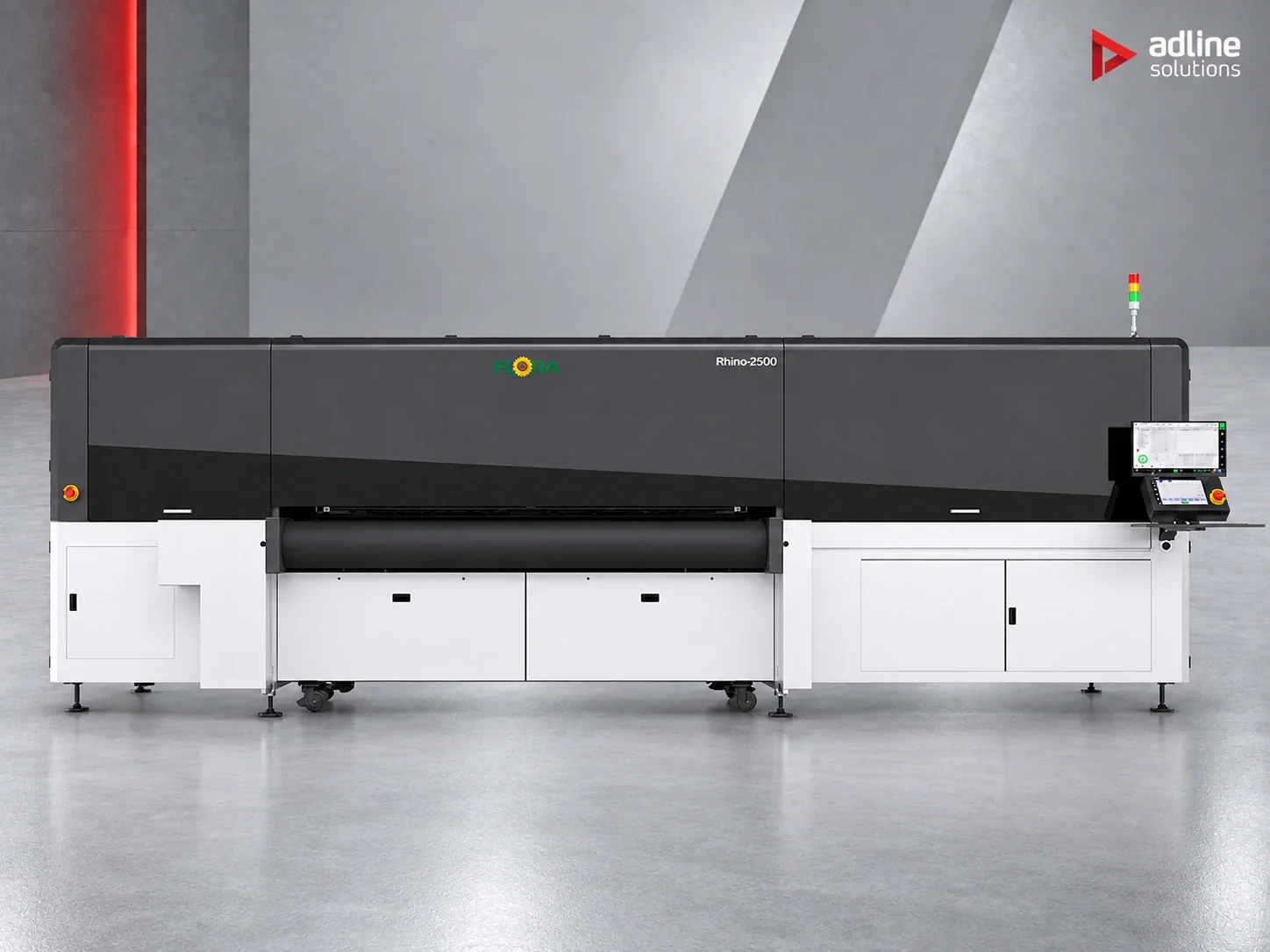 Flora Rhino 2500 single-pass corrugated board printer; representative model of the Rhino series
