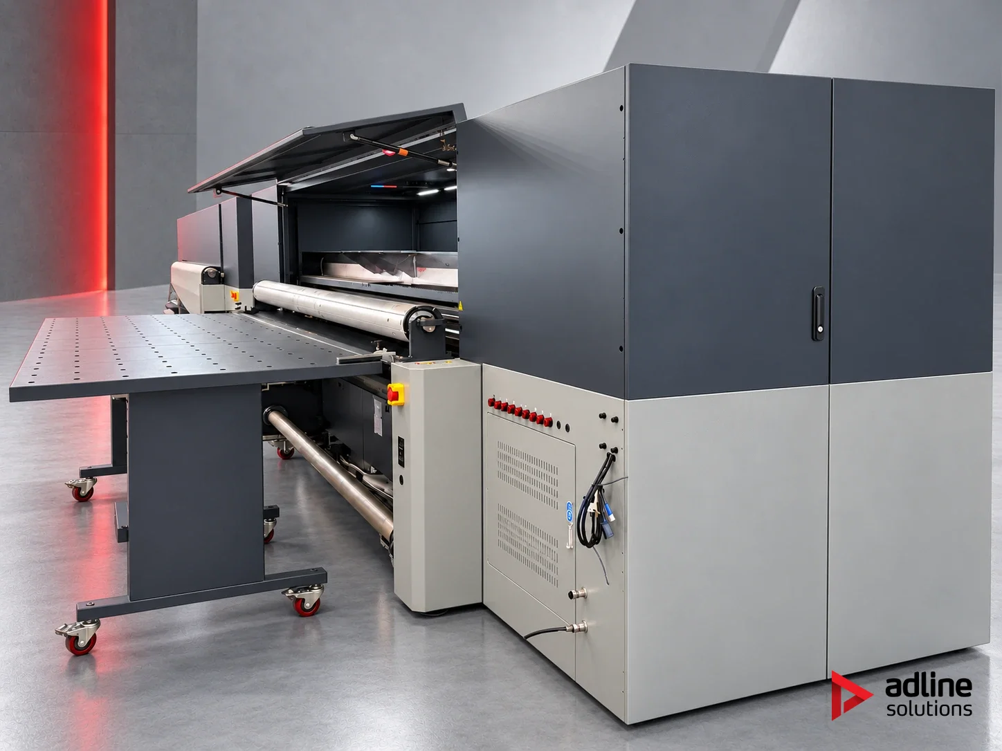 Flora XTRA3300H Hybrid-UV-Drucker – Zuführtisch für starre Platten und Schaltschrank