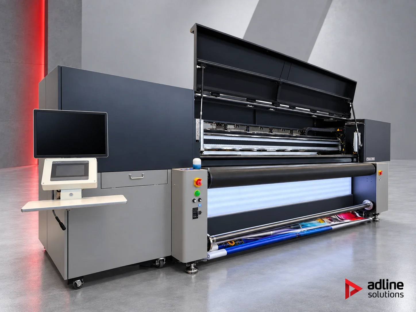 Flora XTRA3300H Hybrid-UV-Drucker – Bedienplatz, Druckwagen und bedruckte Rollenausgabe
