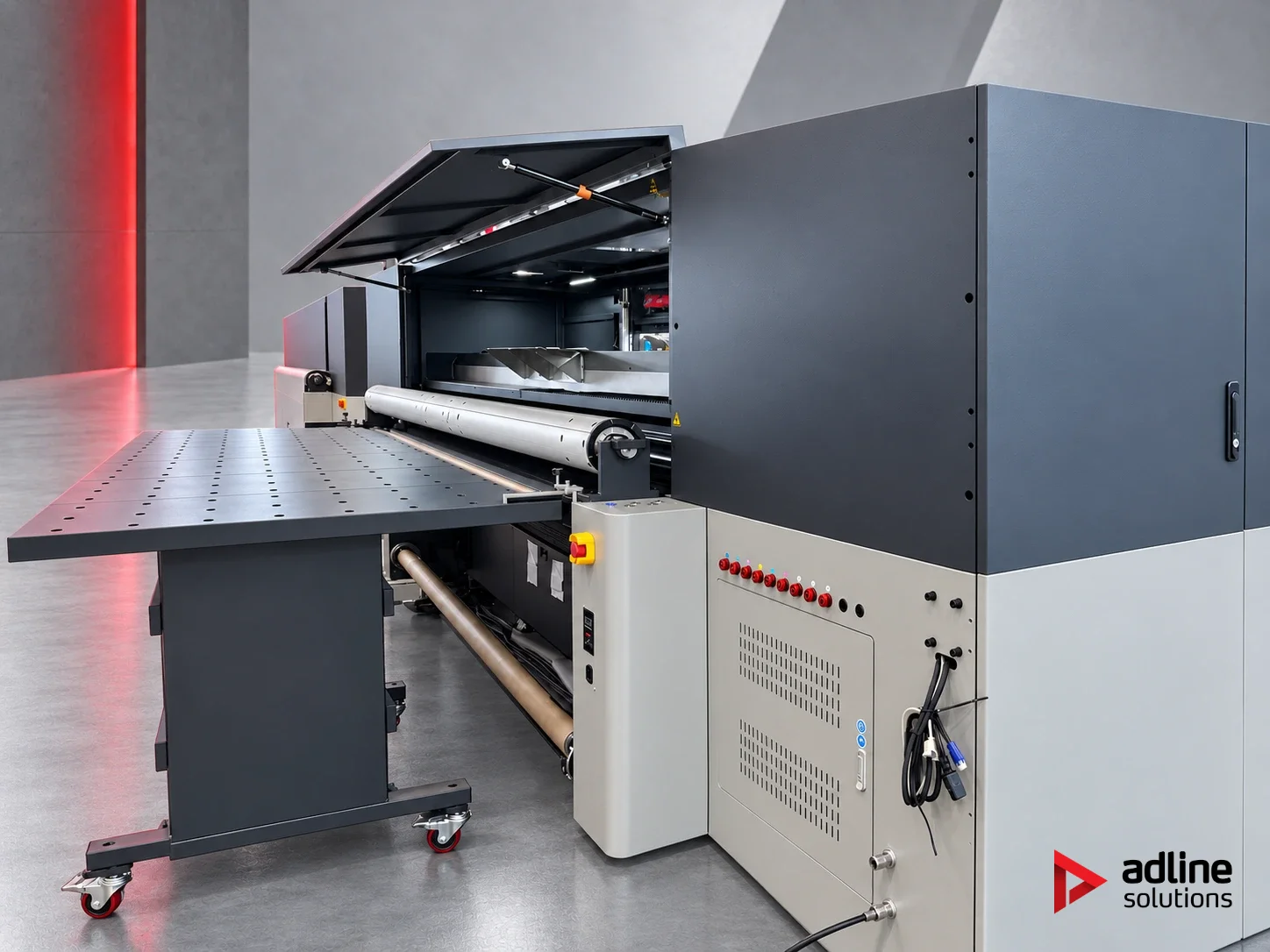 Flora XTRA3300H Hybrid-UV-Drucker – Tisch für starre Medien mit geöffnetem Druckbereich