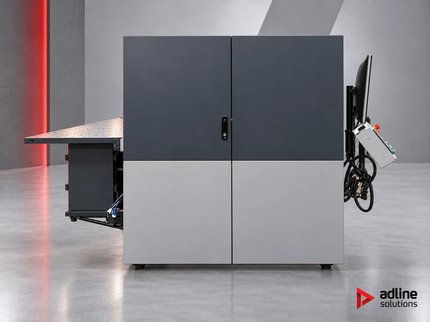 Flora XTRA3300H Hybrid-UV-Drucker – Seitenansicht mit Schrank und Bedienfeld