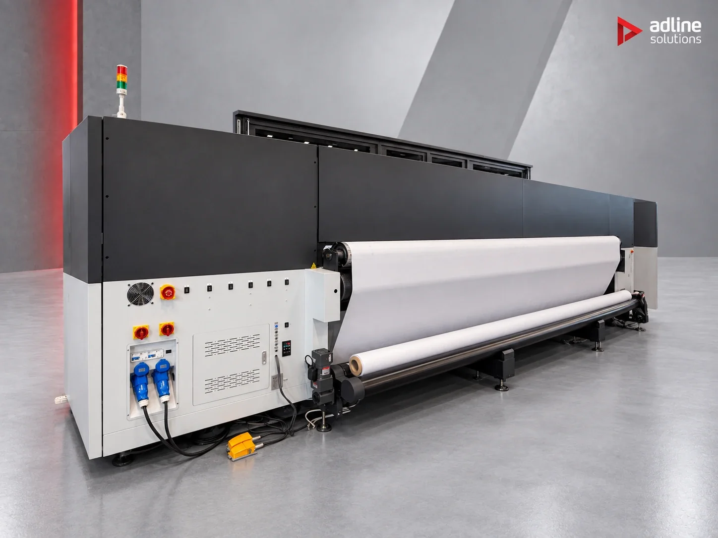 Flora XTRA 5000H Pro Hybrid-UV-Drucker – Rückansicht der Medienzuführung