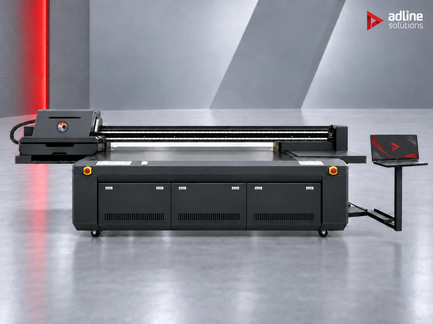 Galaxy F32 UV-flatbedprinter, tafel van 3200 × 2000 mm, met bedienplaats