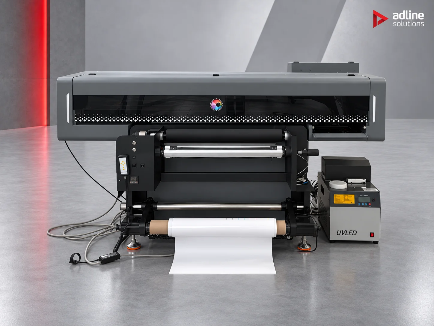 Galaxy UD-0900BRV+ 6-in-1 UV printer, front view with roll-to-roll unit, UV LED power supply and media roll