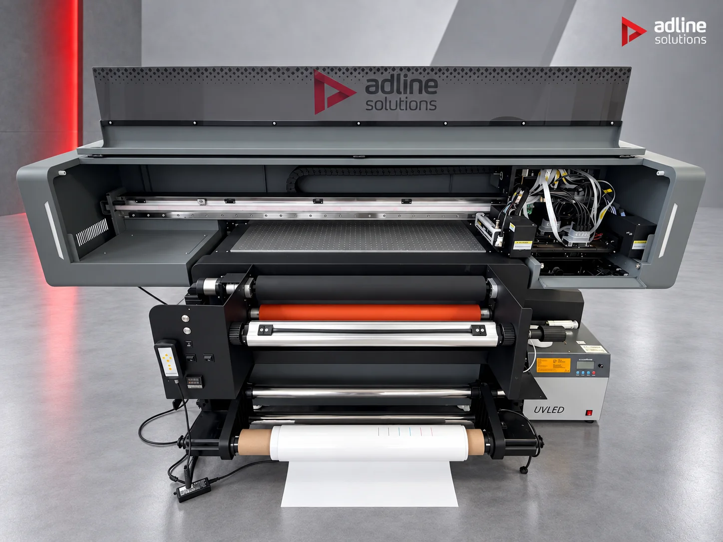 Galaxy UD-0900BRV+ UV printer with front cover open, showing the print carriage, vacuum flatbed and roll laminating unit