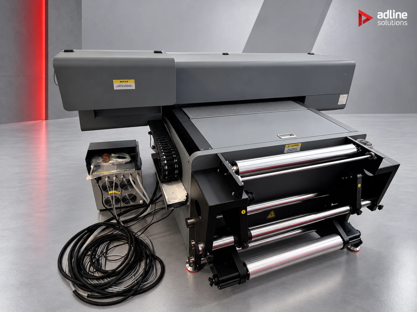 Galaxy UD-0900BRV+ UV printer, three-quarter view of the roll feeding system and UV LED power supply