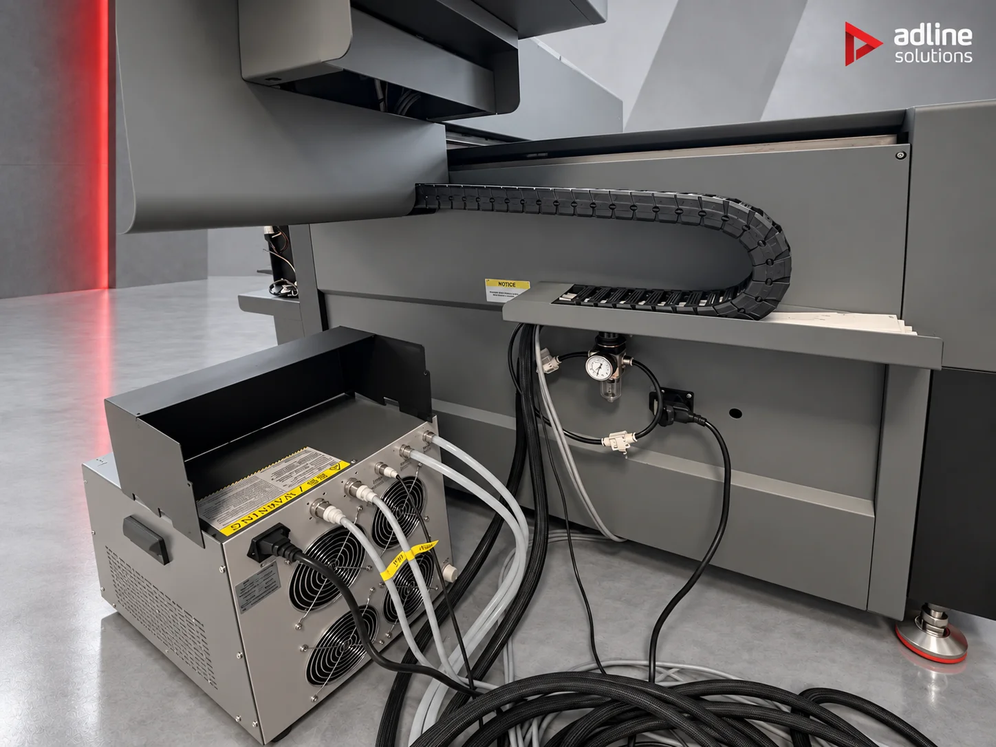 Galaxy UD-0900BRV+ UV printer, close-up of the cable chain, air pressure regulator and UV LED power unit