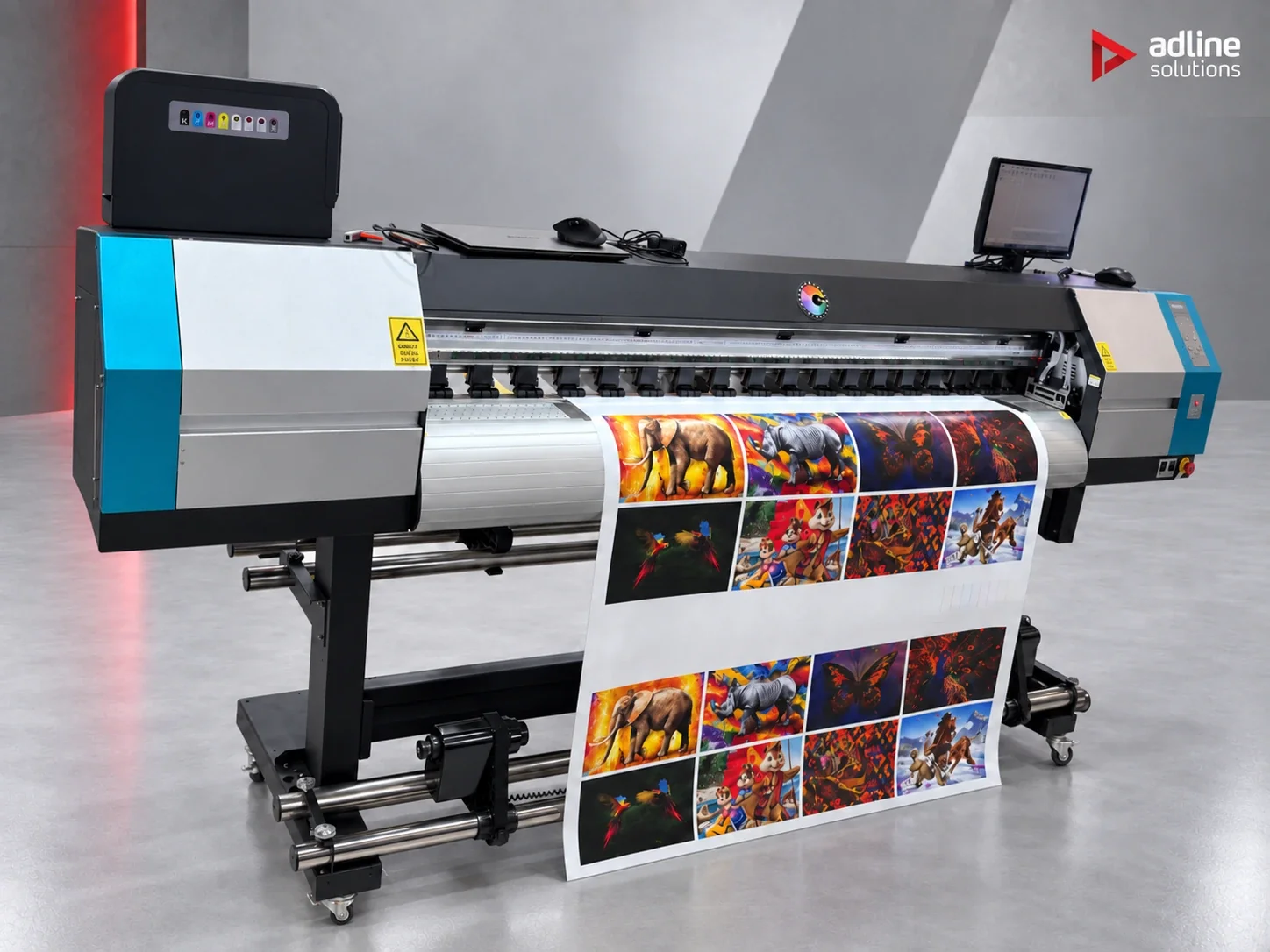 Galaxy UD-18R2CL eco-solvent roll printer — front three-quarter view while printing