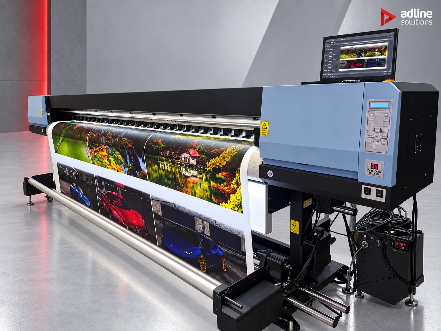Galaxy UD-32R8BE eco-solvent roll printer, side view with control panel and RIP monitor
