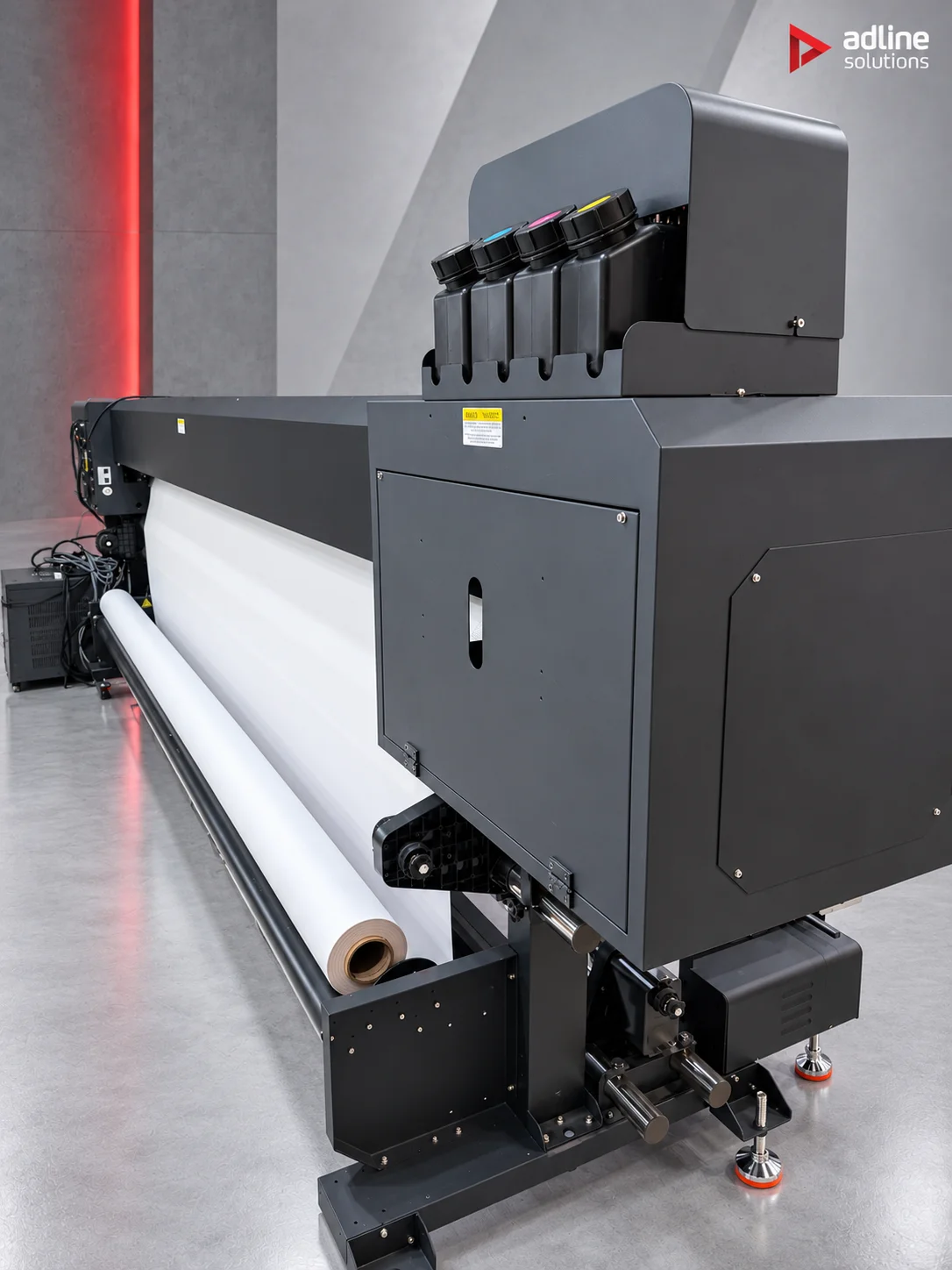 Galaxy UD-32R8BE eco-solvent roll printer, rear view with media roll and ink tanks