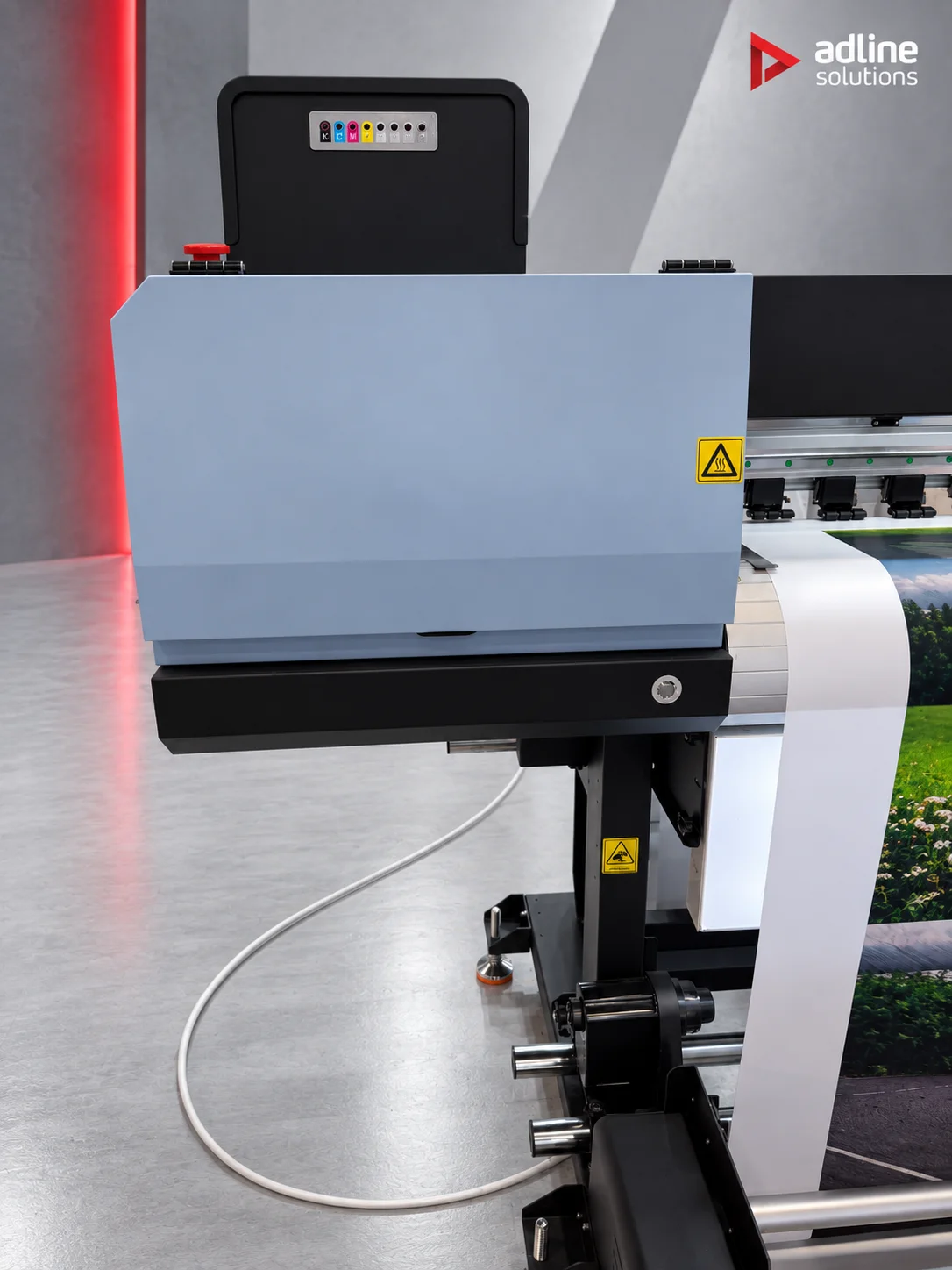 Galaxy UD-32R8BE eco-solvent roll printer, dryer unit and take-up system detail