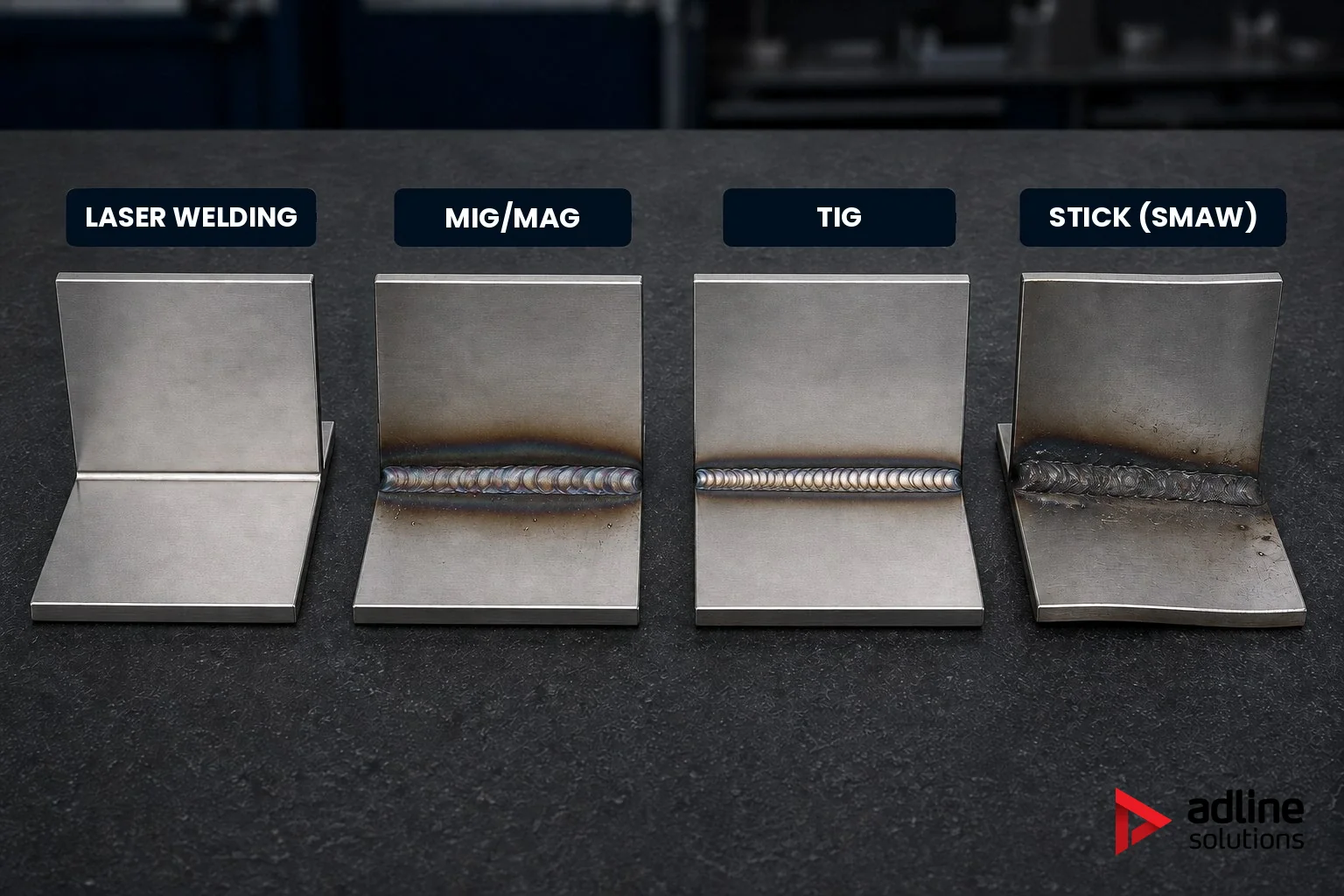 Cordons de soudure comparés sur éprouvettes en acier : soudage laser, MIG/MAG, TIG et à l’électrode enrobée (SMAW)