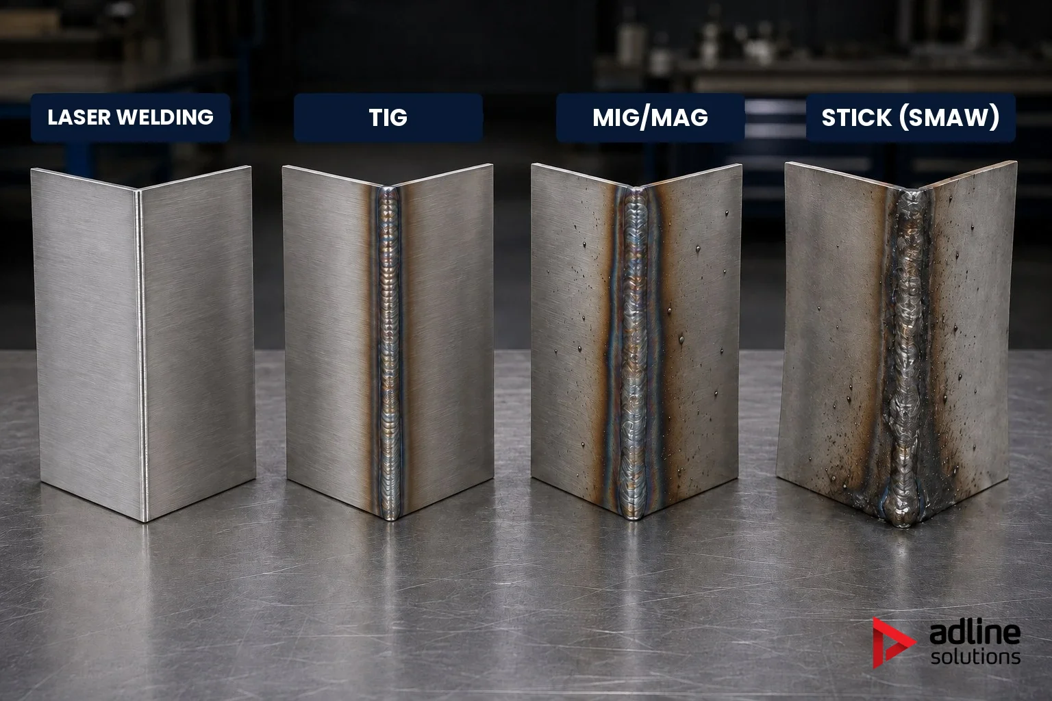 Assemblages d’angle en inox comparés : soudage laser, TIG, MIG/MAG et à l’électrode enrobée (SMAW)
