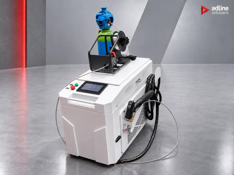 Hanma HT handheld fibre laser welding and cleaning machine with wire feeder, touchscreen and HW980 welding head