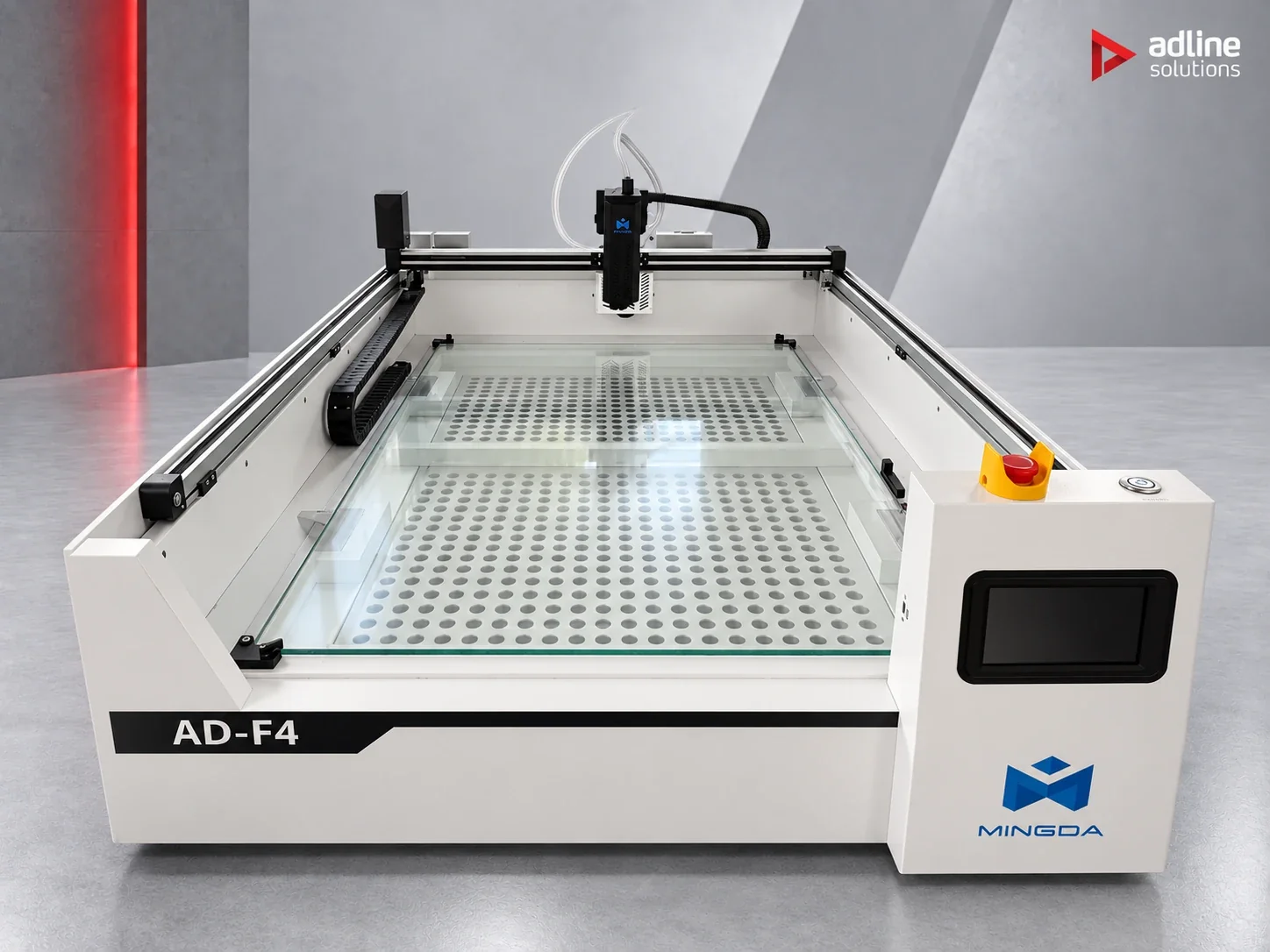 3D принтер за обемни букви MINGDA AD-F4, изглед отпред на отворената печатна маса
