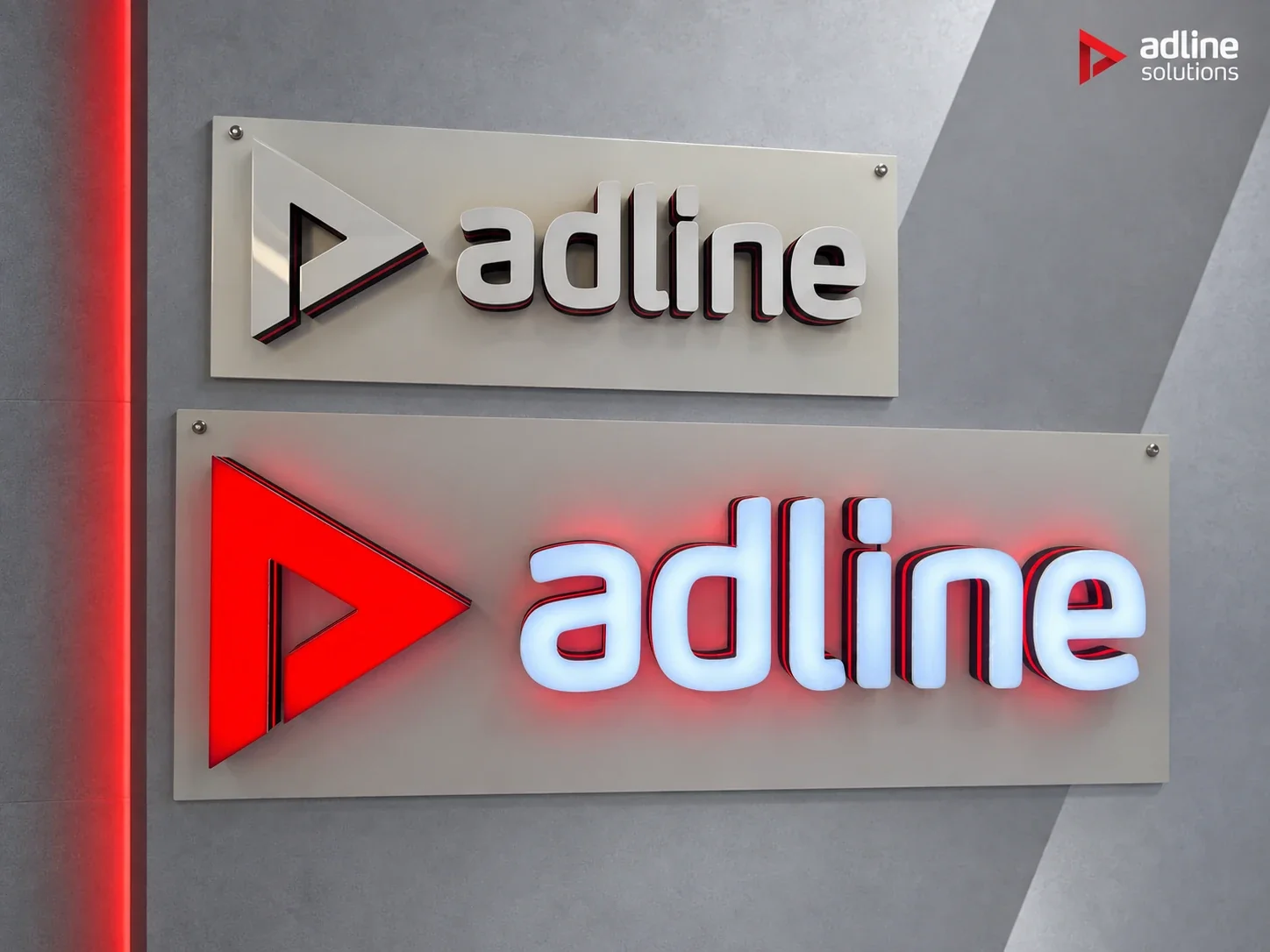 Примерни табели на Adline Solutions, изработени с AD-F4: обемни букви без и със светене на сребриста стена