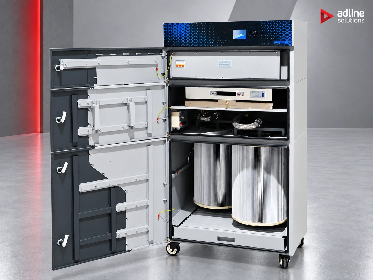 PURE-AIR PA-D2400 fume and dust extractor — open cabinet and filtration system