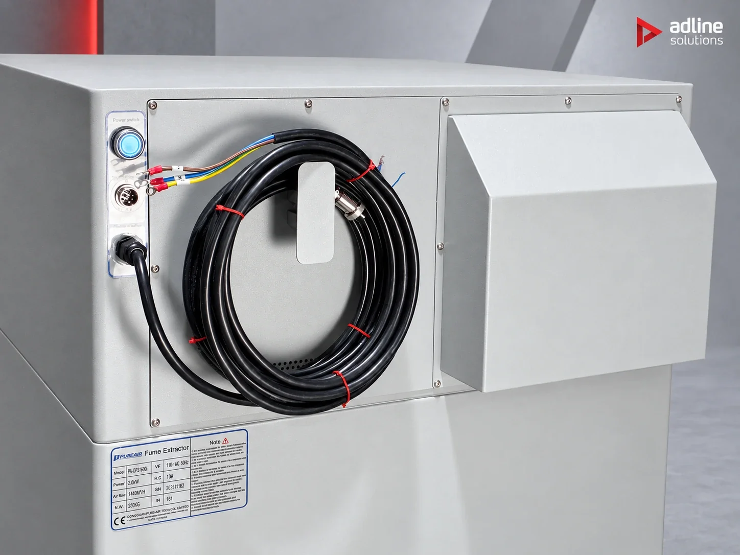 PURE-AIR PA-DFS1600i fume extractor — rear power and cable connection detail