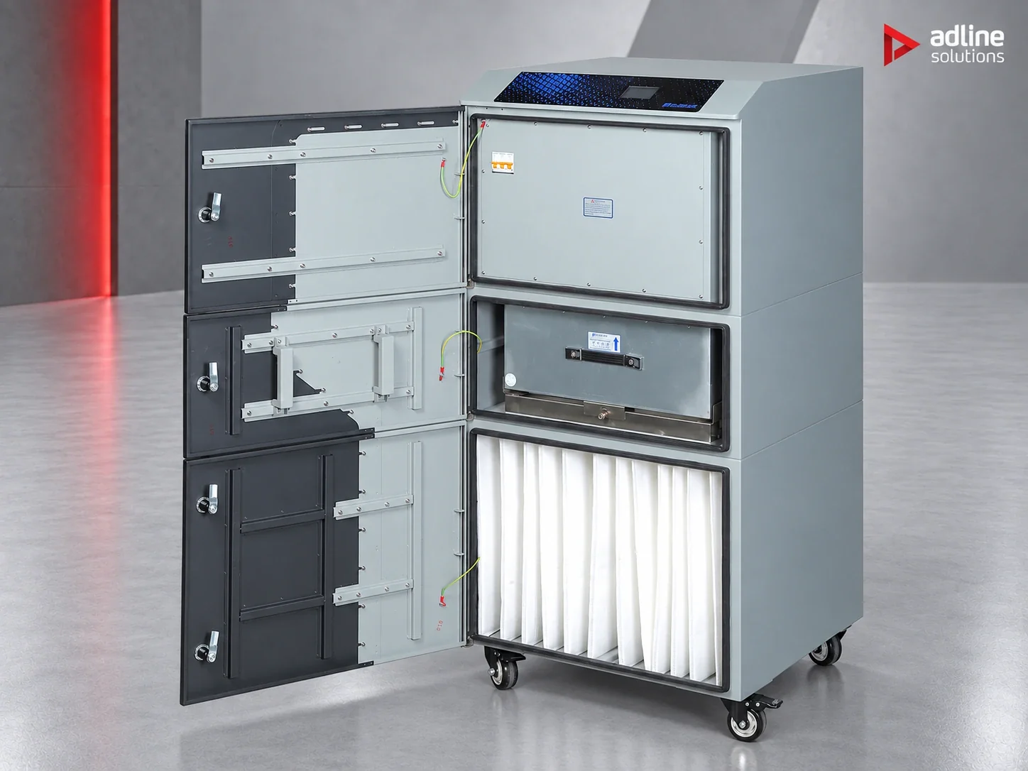 PURE-AIR PA-DS1600 Fume & Dust Extractor — filter compartments open, supplied by Adline Solutions