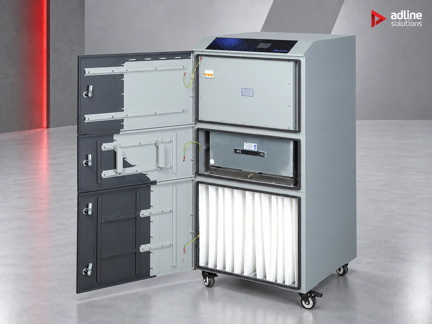 PURE-AIR PA-DS2400 with open cabinet showing the three filter compartments