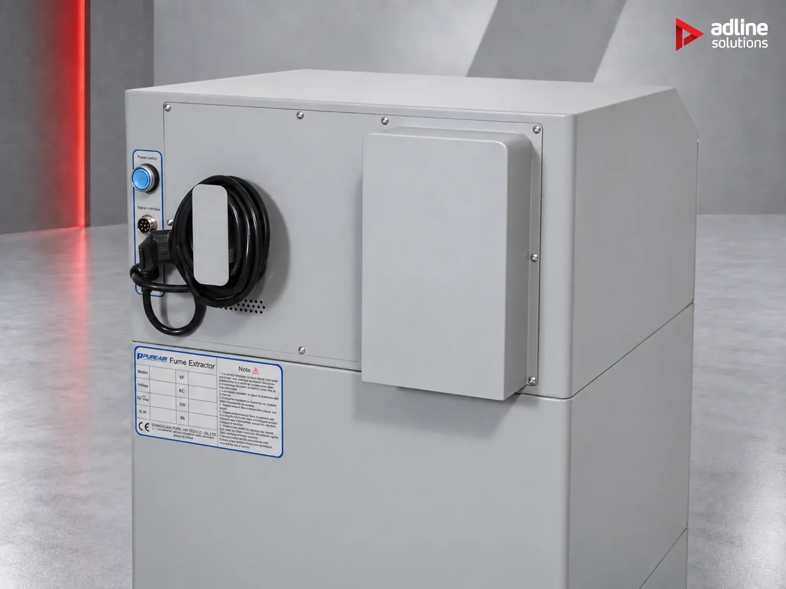PURE-AIR PA-DS500i rear connections, power cable and service panel detail