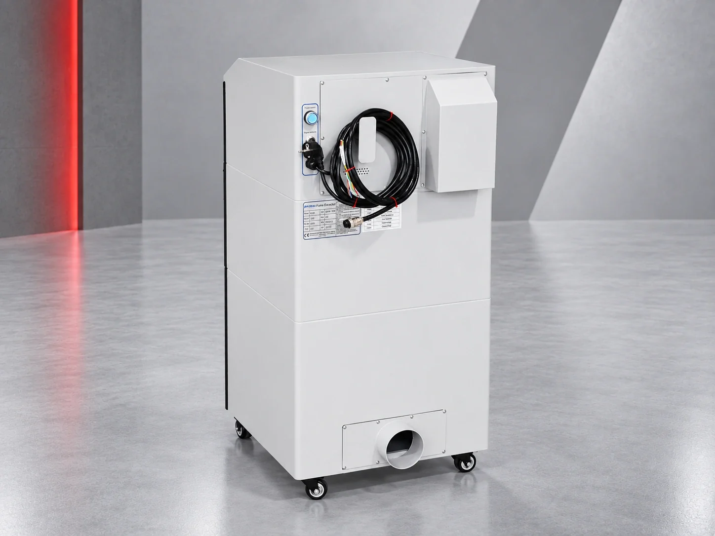 PURE-AIR PA-DS800 fume extractor, rear three-quarter view with power cable and extraction outlet