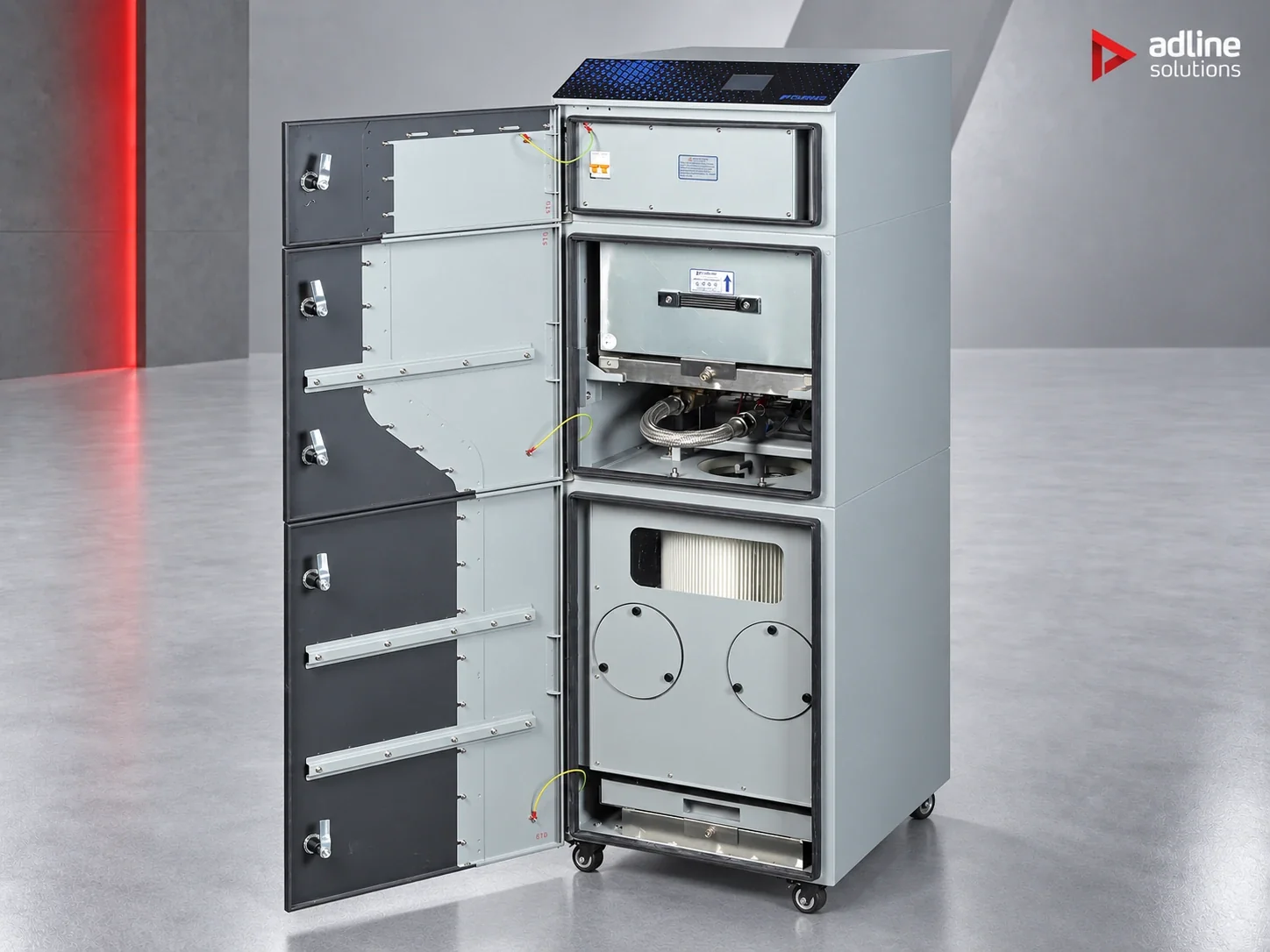 PURE-AIR PA-FGS800 fume and dust extractor — open cabinet showing internal filter compartments