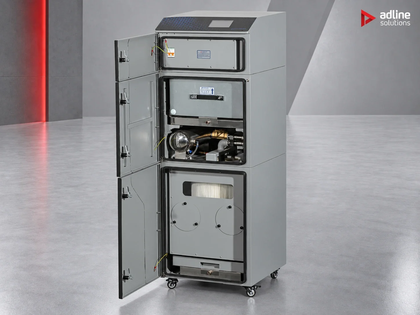 PURE-AIR PA-FGS800i fume and dust extractor — open cabinet showing internal filtration and blower assembly