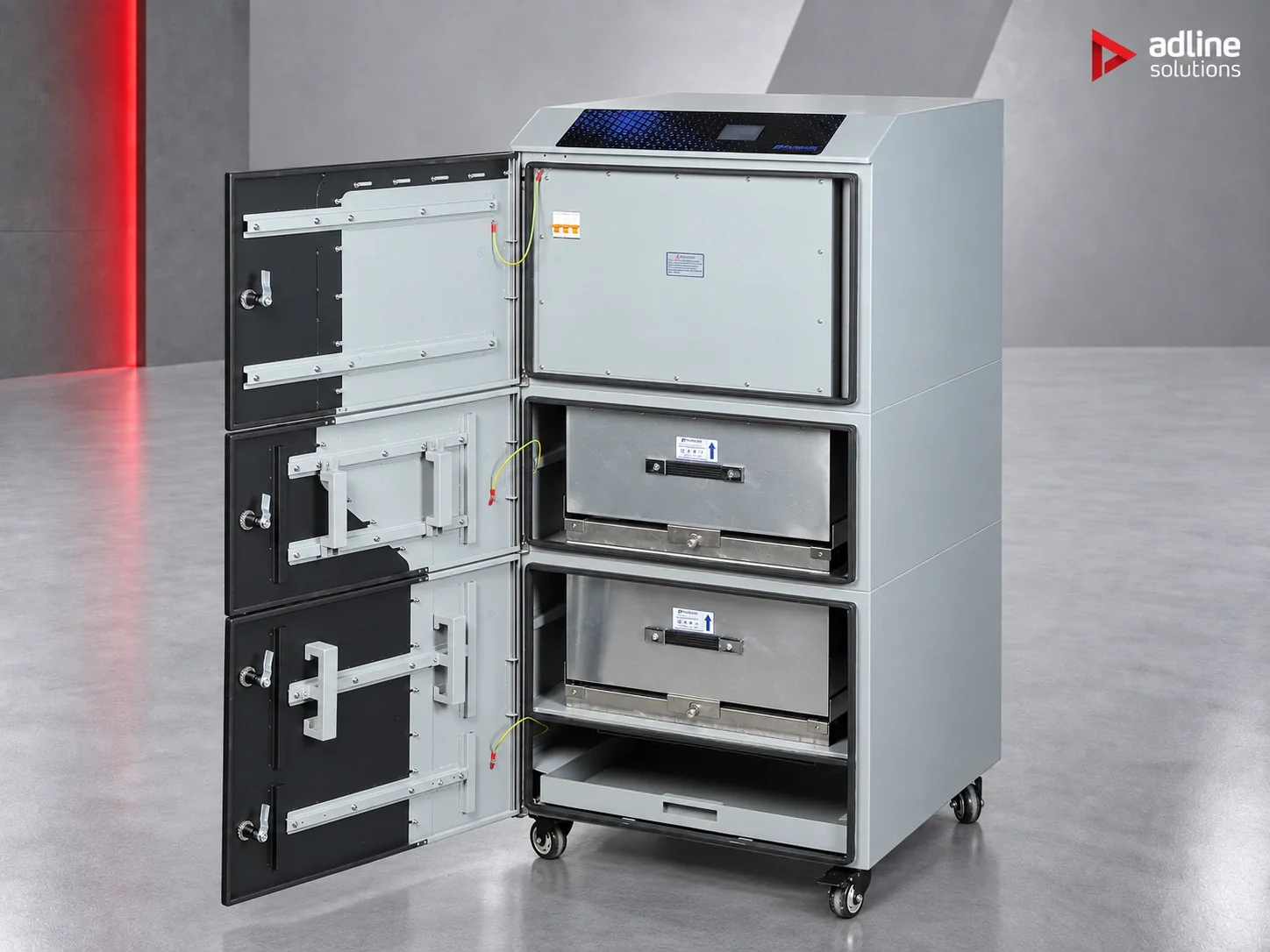 PURE-AIR PA-FS1600 fume and dust extractor — open cabinet showing internal filter compartments