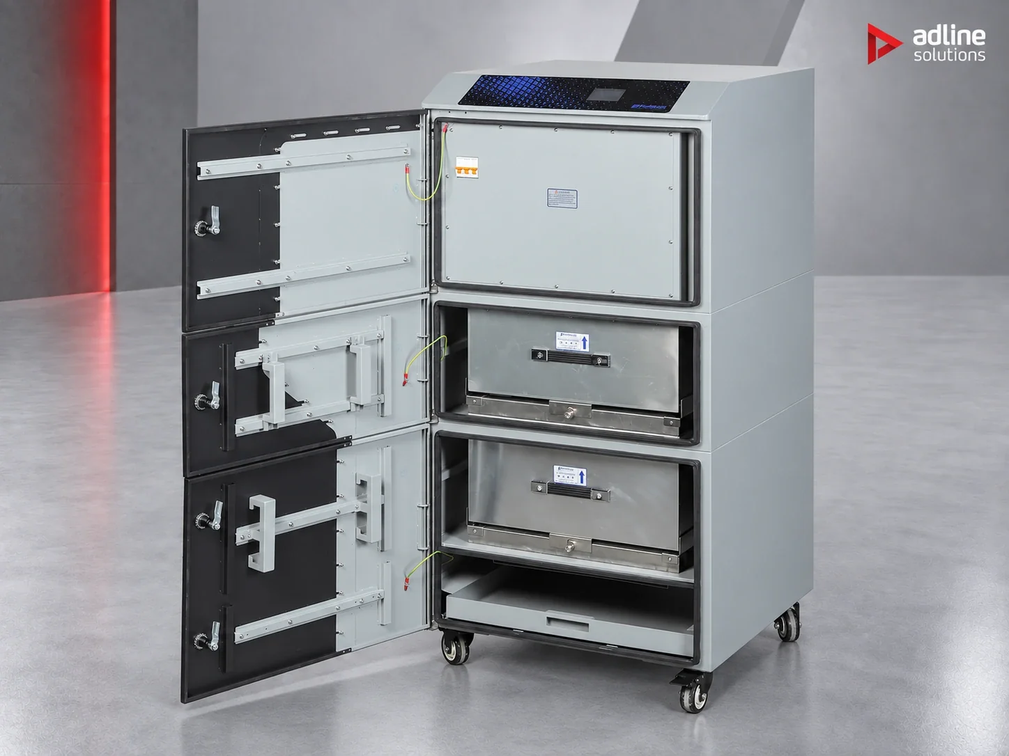 PURE-AIR PA-FS2400 fume and dust extractor — open cabinet showing internal filter compartments