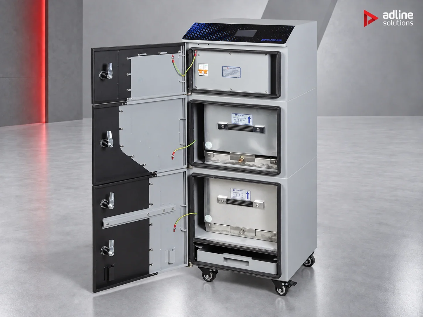 PURE-AIR PA-FS400 fume and dust extractor — open cabinet showing internal filter compartments