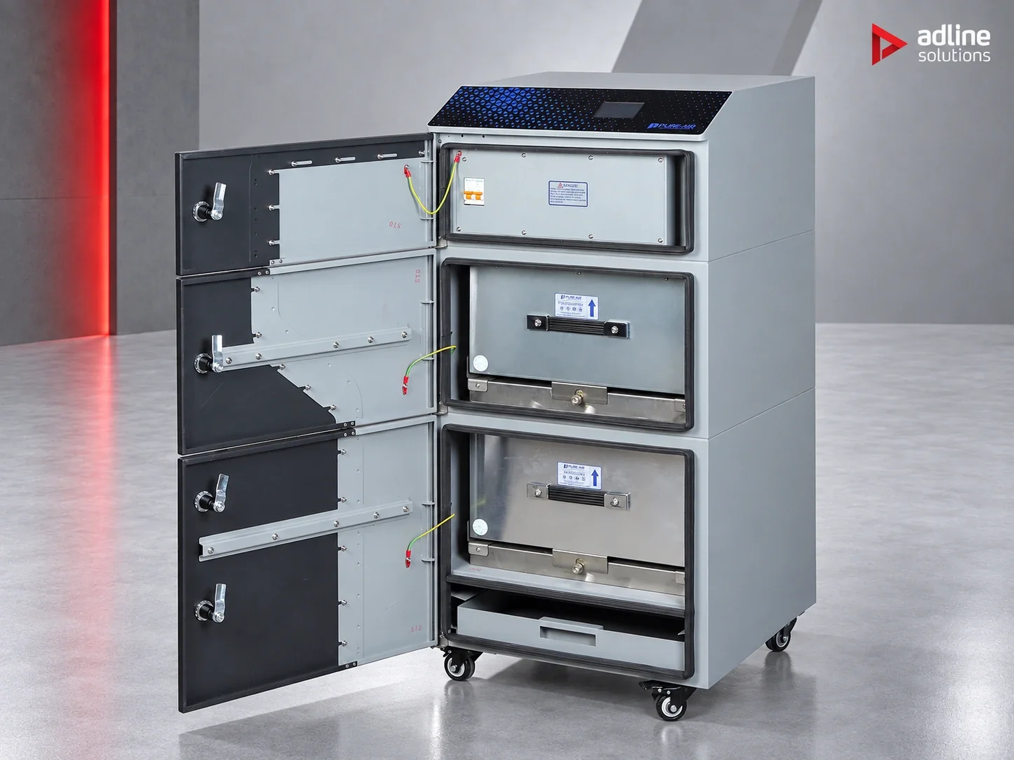 PURE-AIR PA-FS800 fume and dust extractor — open cabinet showing internal filter compartments