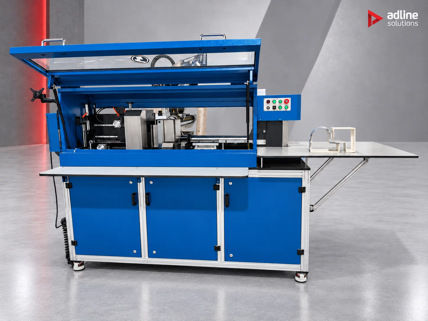TPS S1810 automatic channel letter bending machine with the cover open, showing the bending unit, control panel and bent aluminium letter samples