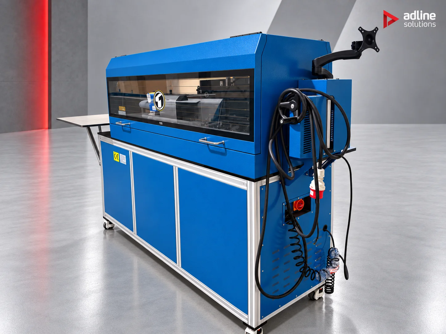 TPS S1810 channel letter bender, side view with monitor arm, enclosed bending head and storage cabinet on castors
