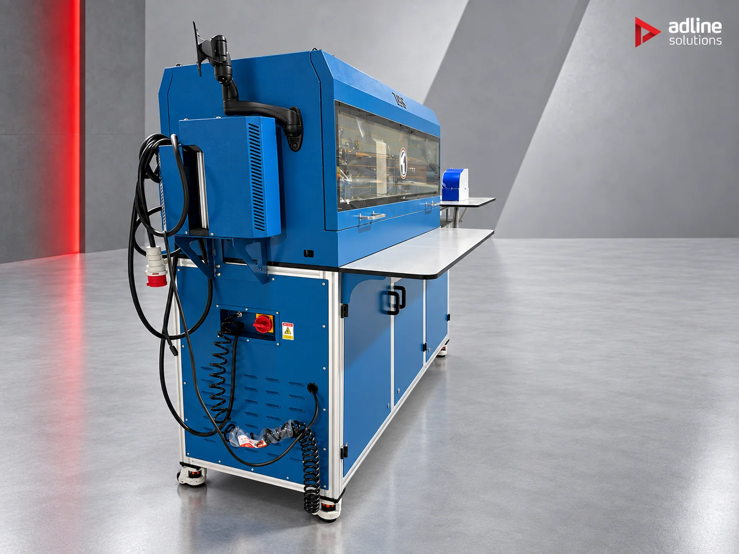 TPS S1810 channel letter bending machine, rear view with main power switch, electrical cabinet and coiled air hose