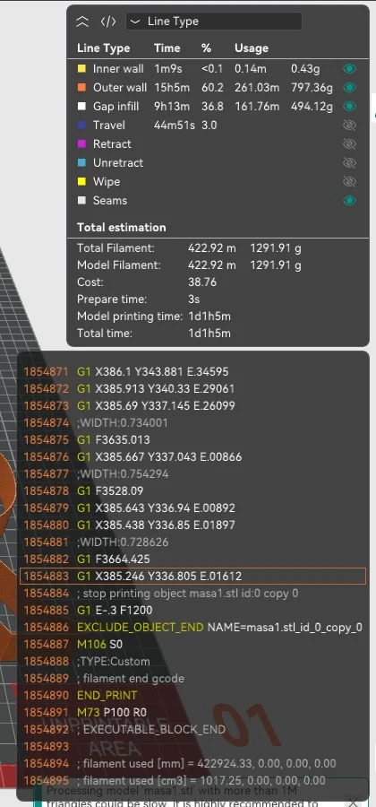 Slicer statistics for demo table 1: 1291.91 g of filament, 422.92 m, model printing time 1 day 1 h 5 min