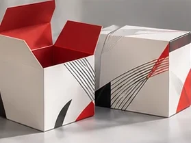 Printed white folding cartons, one open, cut and creased from cardstock