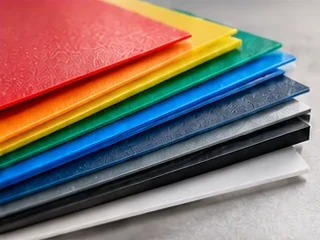 Stack of coloured PP and PVC plastic sheets in red, yellow, green, blue, grey and black