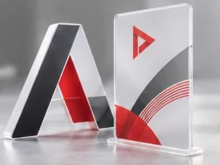 Free-standing plastic letter and printed clear plastic standee on a base