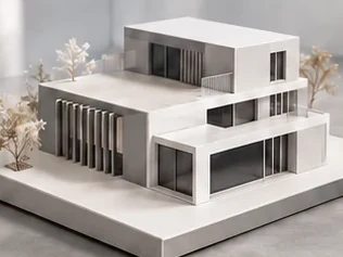 White architectural model of a modern house built from cut PVC and foam board