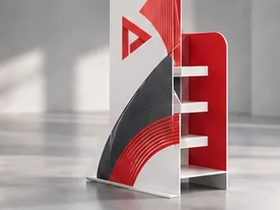 Printed point-of-sale display stand with shelves, cut from board