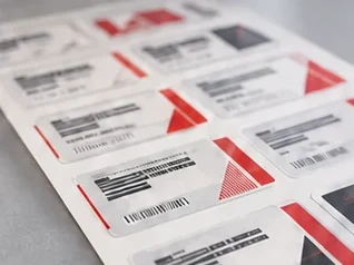 Sheet of printed product and barcode labels, half-cut in rows on the liner