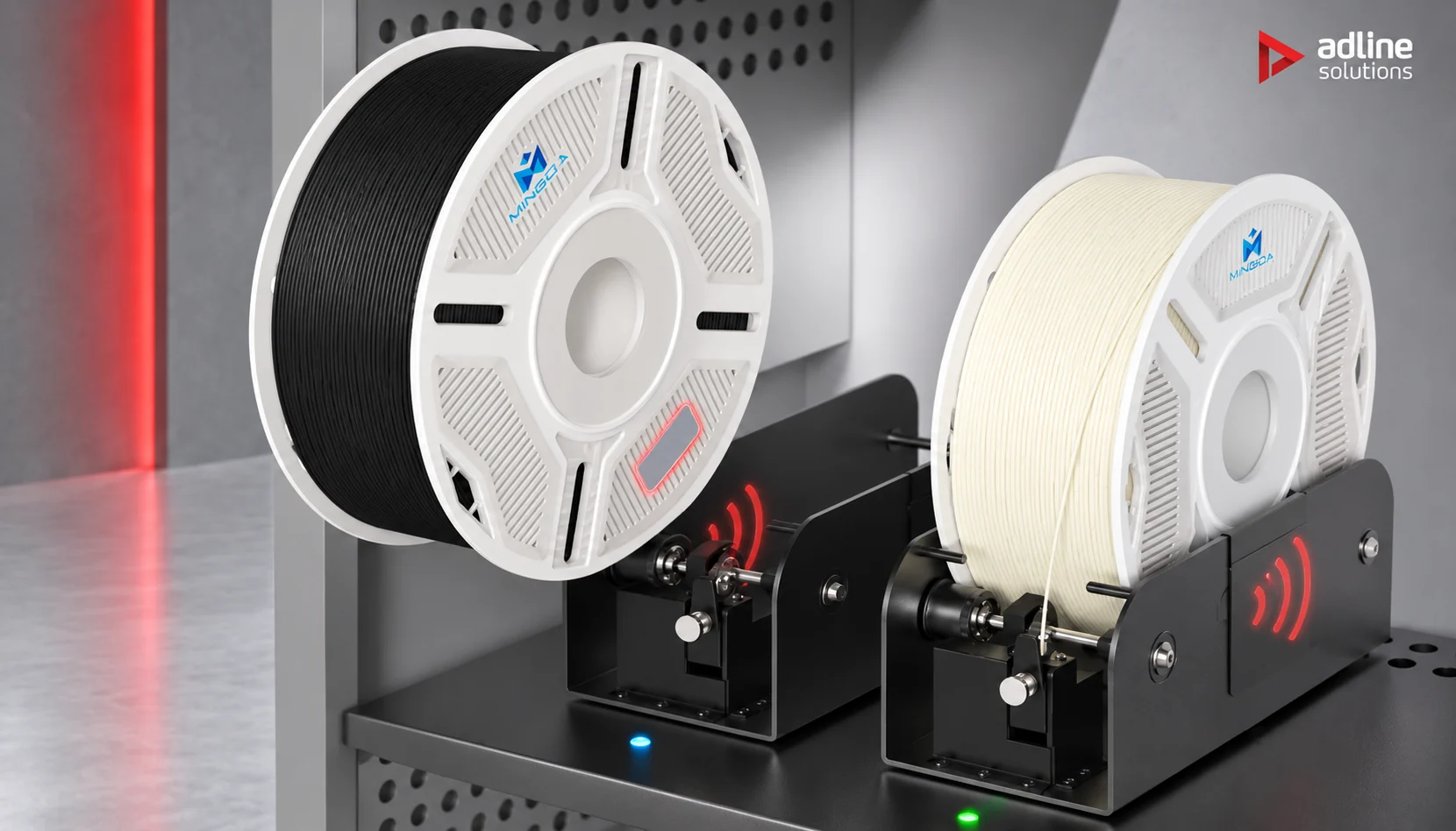 Two filament spools on MD-F01 holders with RFID readers