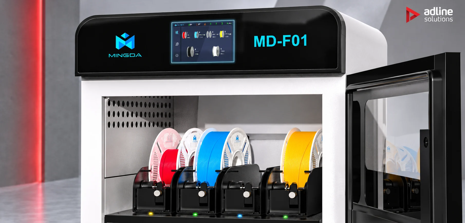 The MD-F01 touchscreen above the top tier, showing every loaded spool