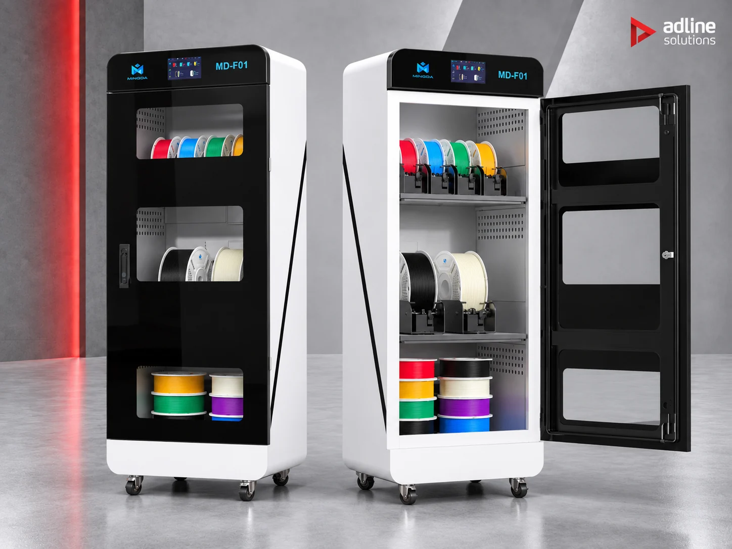 Two MINGDA MD-F01 cabinets, one closed and one open, showing the three tiers of spools