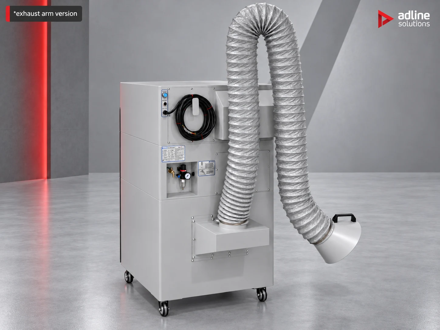 PURE-AIR PA-D2400 with articulated extraction arm (optional configuration) — rear view with arm and hood